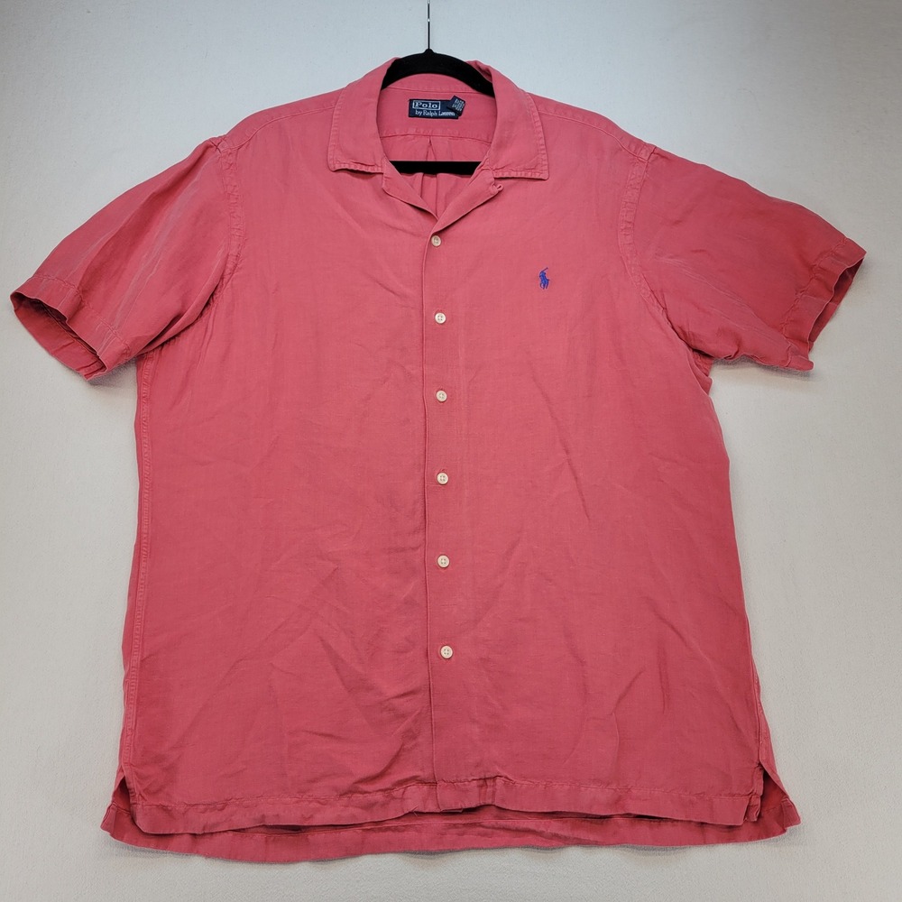 Polo Ralph Lauren Shirt Mens Large Pink Silk Linen Blend Short Sleeve Beach